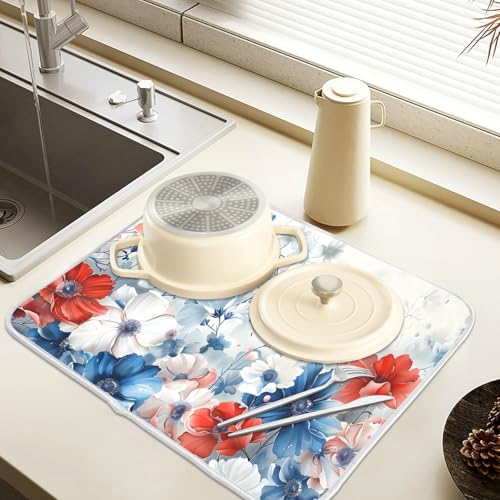 4th of July Patriotic Blue Red White Flowers Dish Drying Mat for Kitchen Ccounter Absorbent Microfiber Small Independence Day Drying Pad Dish Mats for Kitchen Countertops 16 x 18 Inch