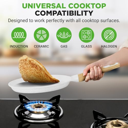 2-Pack Non-Stick Crepe Pan Set, 9.4" Marble Coated Dosa Pans with Wooden Spreaders, Bakelite and Wood Handles, Induction-Compatible, Dishwasher Safe, Even Heat Distribution, White Cream (2 Count)