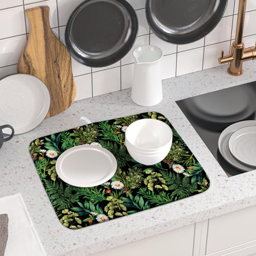 Green Botanical Dish Drying Mat 16x18 Inch Plant Leaf Fast Dry Dish Drainer Rack Mats Absorbent Microfiber Protector for Countertops Sinks