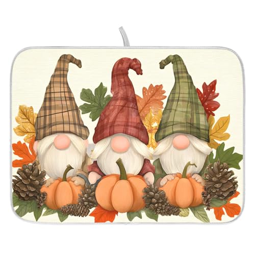 Fall Pumpkin Gnomes Maple Leaves Autumn3 Dish Drying Mat for Kitchen Counter Absorbent Microfiber Large Drying Pad Dish mats for Kitchen Countertops 18 x 24 Inch