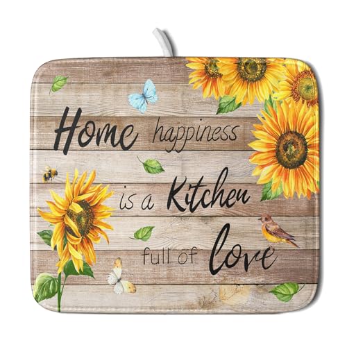 Sunflower Floral Dish Drying Mat for Kitchen Countertop 16x18 inch Rustic Wood Washable Microfiber Absorbent Dishes Drainer Rack Pad