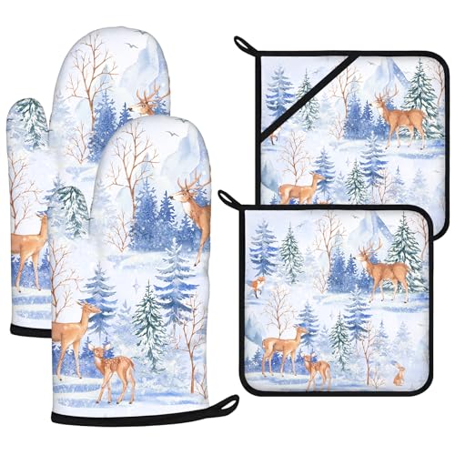 Deer in Snow Oven Mitts and Pot Holders Sets 4Pcs