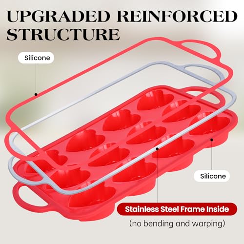 12 Cup Heart Shaped Silicone Muffin Pan for Baking with Metal Frame