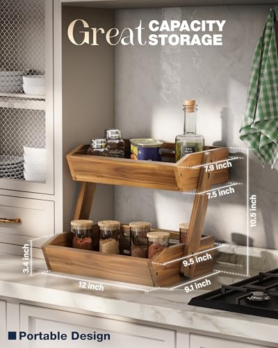 2 Tier Acacia Wood Fruit Stand for Kitchen Countertop Storage