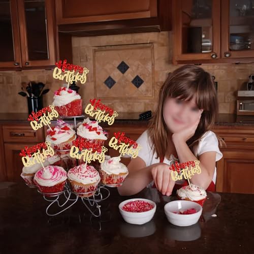 24Pcs Happy Birthday Cupcake Toppers Double Layer Glitter Happy Birthday Cake Decorations for Christmas Theme Baby Shower Anniversary Party Decorations Supplies Red Gold (24 Count)
