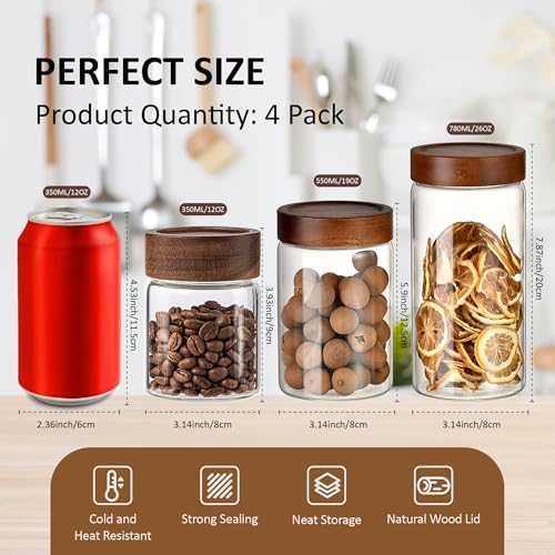 26 oz 850 ml Clear Glass Storage Canister with Airtight Wooden Lid (4 Count)
