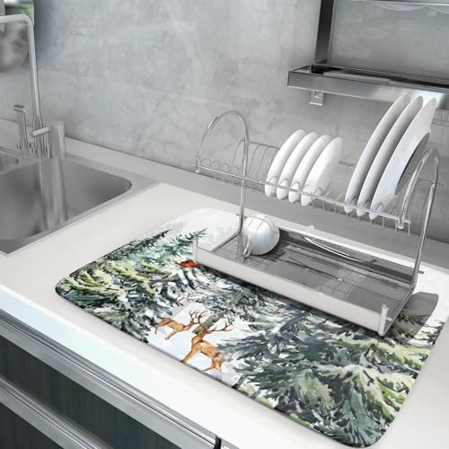 Pine Tree Dish Drying Mat for Kitchen Counter 18x24 Inch Forest Deer Absorbent Dishes Drainer Mats Reversible Microfiber Quick Dry Rack Pad