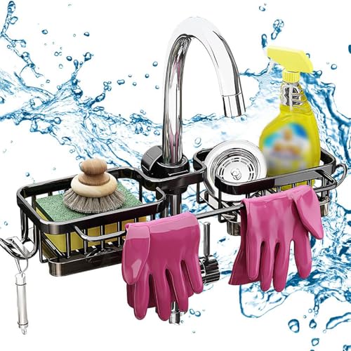 Kitchen Sink Faucet Organizer Multifunction Sponge Holder Organizer Sink Drain Holder Over Faucet Kitchen Sink Caddy with Hook Adjustable for 0.7