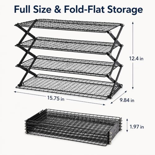 4 Tier Collapsible Cooling Rack with Adjustable 3 Setting Design Stackable Drying Wire Cooling Rack for Cooking and Baking