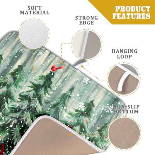 Winter Pine Tree Dish Drying Mat Red Bird Berry Dishes Drainer Mats Absorbent Microfiber Kitchen Counter Protector Drying Mats 16x18 Inch