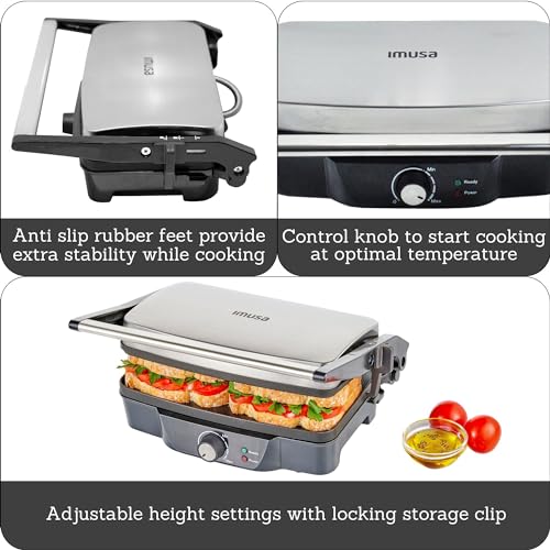 Stainless Steel Panini Press Electric with Adjustable Temperature Settings and Nonstick Plates