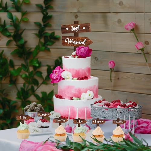 Rustic Wedding Cake Decoration Set Just Married Cake Topper & 12 PCS Wedding Cupcake Toppers in Wood