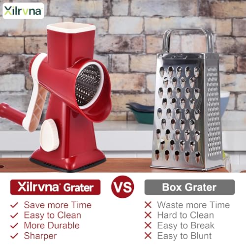 Rotary Cheese Grater with Handle Kitchen Shredder Slicer Grater Slicer Ice Shaver Cheese Vegetable Nuts Potato Zucchini Chocolate 3 Interchangeable Blades
