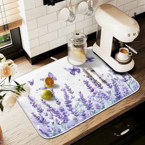 Purple Lavender Spring Summer Flower Floral Dish Drying Mat for Kitchen Counter Absorbent Microfiber Small Drying Pad Dish Mats for Kitchen Countertops 16 x 18 Inch