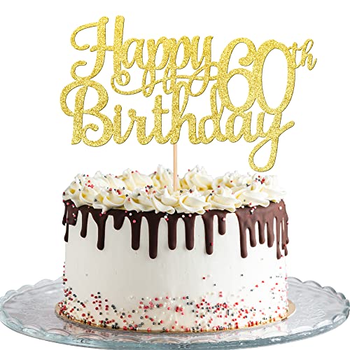 1 PCS Happy 60th Birthday Cake Topper Gold Glitter Cheers to 60 Years Birthday Cake Pick 60 Fabulous Cake Decoration for Happy 60th Birthday Anniversary Party Decorations Supplies
