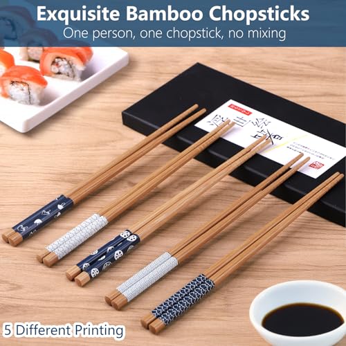5 Pairs Bamboo Chopsticks Reusable Chop Sticks Japanese Style Bamboo Chopstick with Black Box Lightweight 8.8 Inch