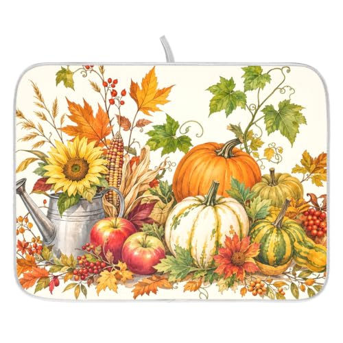 Autumn Fall Harvest Pumpkins Dish Drying Mat for Kitchen Counter Absorbent Microfiber Small Drying Pad Dish mats for Kitchen Countertops 16 x 18 Inch