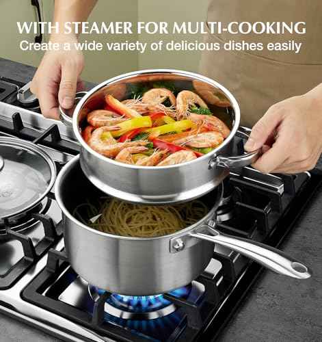 Hybrid Nonstick Stainless Steel Saucepan Set with Steamer Insert (5 Count)