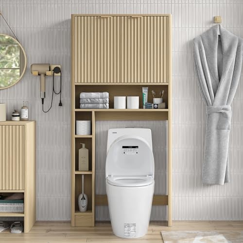 31''W Over Toilet Storage Cabinet Modern Above Toilet Shelf Cabinet with Fluted Doors & Toilet Paper Storage Holder for Bathroom