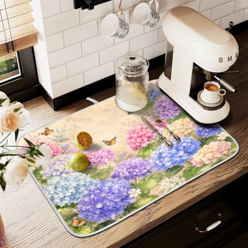 Vintage Flowers Spring Summer Dish Drying Mat for Kitchen Counter Absorbent Microfiber Hydrangea Butterfly Small Drying Pad Dish mats for Kitchen Countertops 16 x 18 Inch