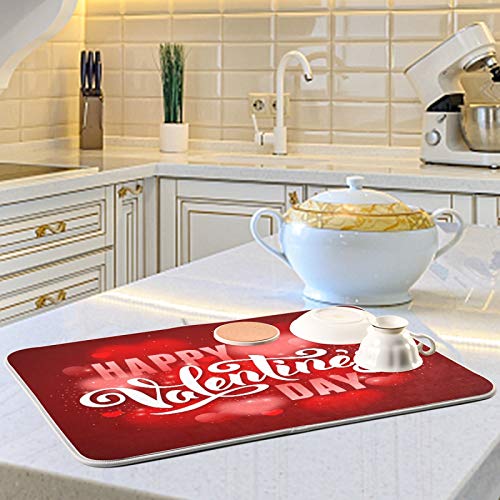 Happy Valentine's Day Bling Light Red Hearts Dish Drying Mat for Kitchen Counter Absorbent Microfiber Large Drying Pad Dish mats for Kitchen Countertops 18 x 24 Inch