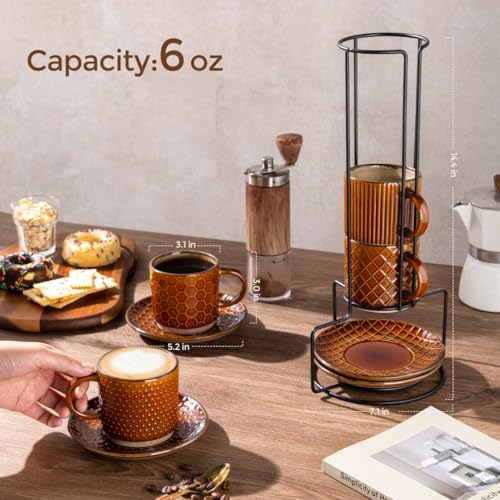 6 OZ Coffee Mugs with Saucer and Stand (4 Count)