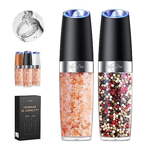 Gravity Electric Salt and Pepper Grinder Set Shakers UPGRADED 9OZ XL CAPACITY Battery Powered Refillable Automatic One Hand Operation Adjustable Coarseness Mill Grinder Set for Kitchen (2 Count)