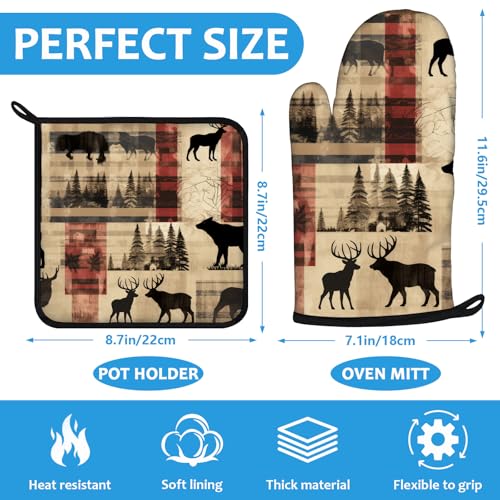 Deer and Bear Oven Mitts and Pot Holders Sets Heat Resistant 4Pcs Wild Animal Potholders Oven Gloves Hot Pads for Kitchen Baking Cooking Grilling BBQ (4 Count)