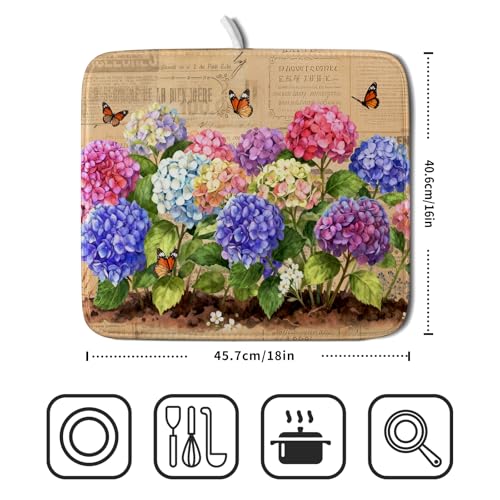 Vintage Hydrangea Dish Drying Mat Watercolor Floral Microfiber Absorbent Dish Drying Pad for Kitchen Counter Small