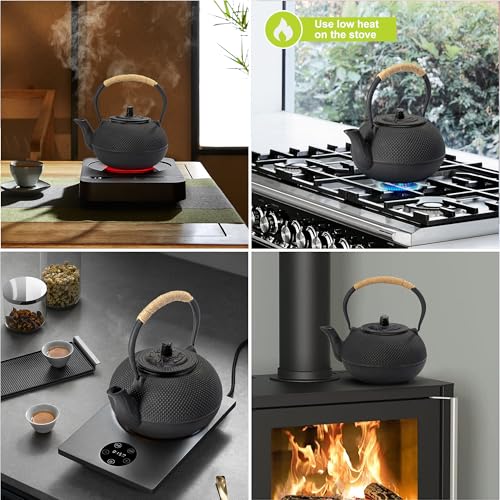 Japanese Tetsubin Cast Iron Teapot Tea Kettle pot with Stainless Steel Infuser for Stovetop Safe Coated with Enameled Interior 30 oz