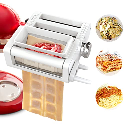 3-IN-1 Pasta Attachment & Ravioli Attachment for KitchenAid Stand Mixers, Pasta Maker Assecories included Pasta Sheet Roller, Spaghetti Cutter and Ravioli Maker Attachment (3 Count)