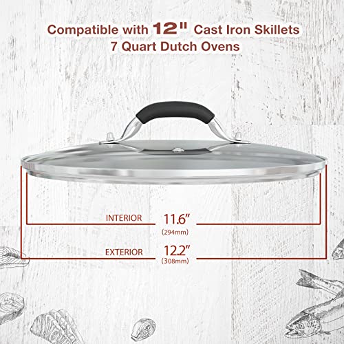12 Inch Tempered Glass Pot Lid Compatible with 12” Lodge Cast Iron Skillets and 7 Quart Dutch Ovens