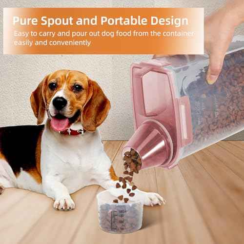 3-5Lbs/3Qt Dog Cat Storage Container Portable with Upgraded Large Spout and Cup. Plastic Pet Food Dispenser for Small Animal Kibble, Bird Seed, Oatmeal, Rice, Flour, Brown Sugart (Clear PInk)