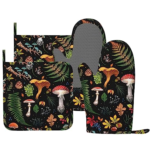 Mushroom Oven Mitts and Pot Holders Sets Silicone Mushrooms Kitchen Mitts Potholders Heat Resistant 4Pcs Oven Gloves Hot Pads for Kitchen Baking Cooking BBQ Grilling (4 Count)
