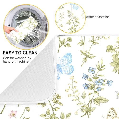 Herbs Flowers Botanical Butterfly Dish Drying Mat for Kitchen Counter Absorbent Microfiber Drying Pad