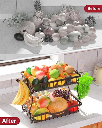 Large 2 Tier Fruit Basket for Kitchen Counter with 2 Banana Hangers (2 Count)