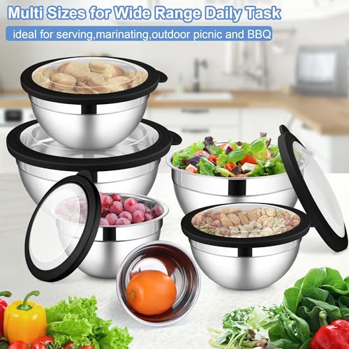 Stainless Steel Mixing Bowls with Transparent Airtight Lids Set of 6 (12 Count)