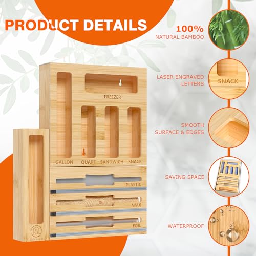 9 IN1 Bamboo Storage Bag Drawer Organizer with Cutter