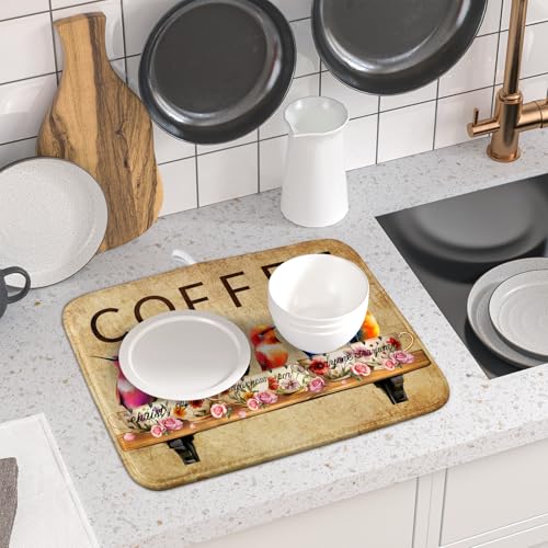Coffee Cup Dish Drying Mat Brown Bird Drying Matt Kitchen Counter for Coffee Bar Decor