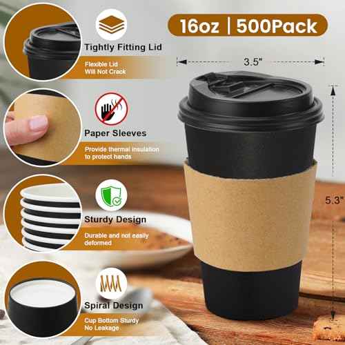 100 Pack 16 oz Disposable Coffee Cups With Lids and Sleeves (100 Count)