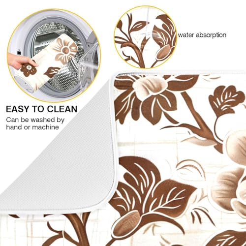 Brown Beige Floral Leaves Dish Drying Mat for Kitchen Counter Absorbent Microfiber Drying Pad