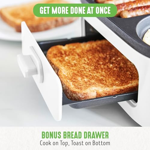 3-in-1 Breakfast Maker Station, Healthy Ceramic Nonstick Dual Griddles for Eggs Meat Sausage Bacon Pancakes and Breakfast Sandwiches, 2 Slice Toast Drawer, Easy-to-use Timer, White