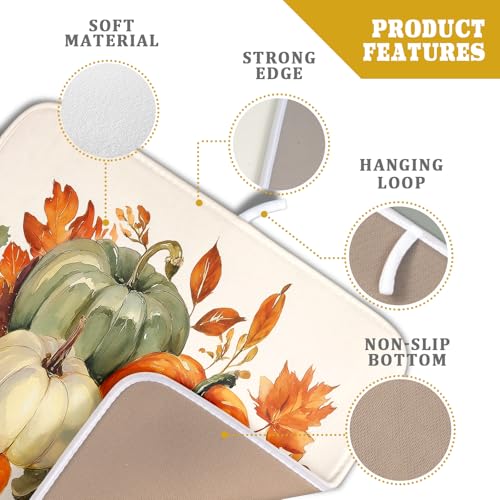 Fall Pumpkin Dish Drying Mat Autumn Leaves Absorbent Dishes Pad 16x18 Inch Seasonal Microfiber Dish Drainer Rack Mat for Kitchen Countertop