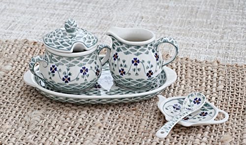 Blue Rose Polish Pottery Sage Floral Sugar & Creamer with Tray