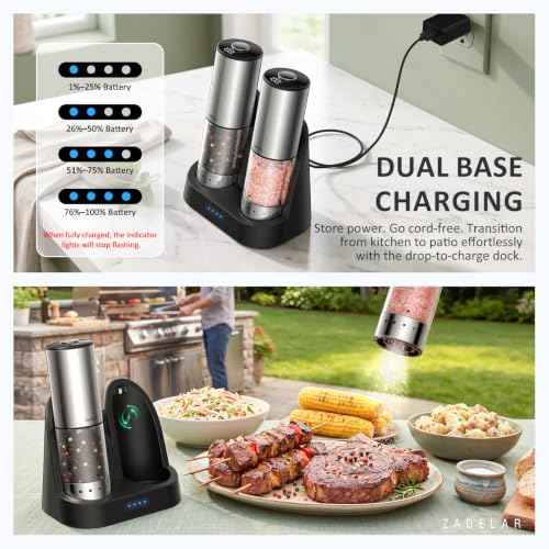Rechargeable Electric Salt and Pepper Grinder Set with Charging Base