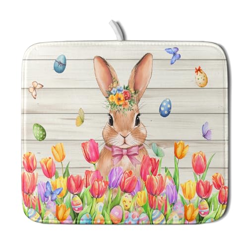 Easter Bunny Dish Drying Mat 16x18 inch Eggs Floral Fast Drying Pad Washable Reversible Microfiber Dish Drainer Mats for Kitchen Counter