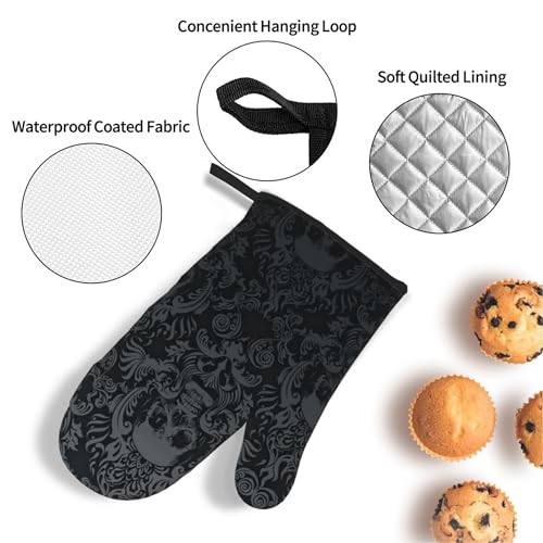 Victorian Gothic Black Skull Damask Oven Mitts and Pot Holders Sets of 4