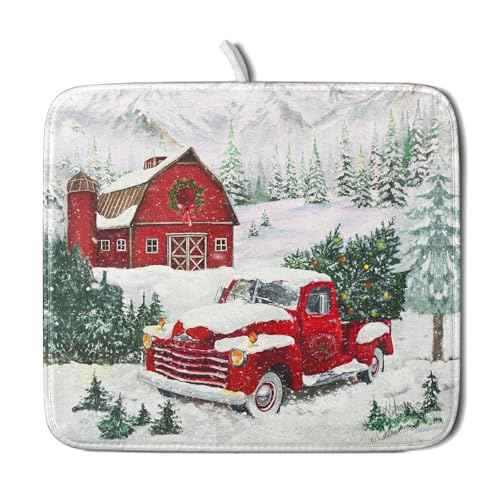 Winter Red Truck Dish Drying Mat Christmas Tree Dishes Pad 16x18 Inch Dish Drainer Rack Mats Absorbent Fast Dry Kitchen Holiday Accessories