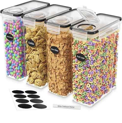 Cereal Containers Storage 4L Set of 4 Airtight Food Storage Containers with Lids Cereal Dispenser Countertop Pantry Organization Canister for Rice Flour & Sugar 1 Marker 8 Labels (4 Count)