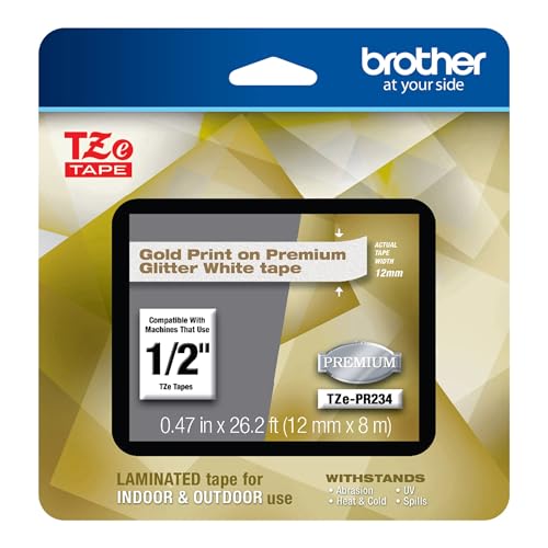 P-Touch TZe-PR234 Gold Print on Premium Glitter White Laminated Tape 12mm (0.47”) Wide x 8m (26.2’) Long, TZEPR234